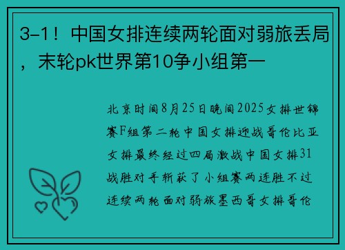 3-1！中国女排连续两轮面对弱旅丢局，末轮pk世界第10争小组第一